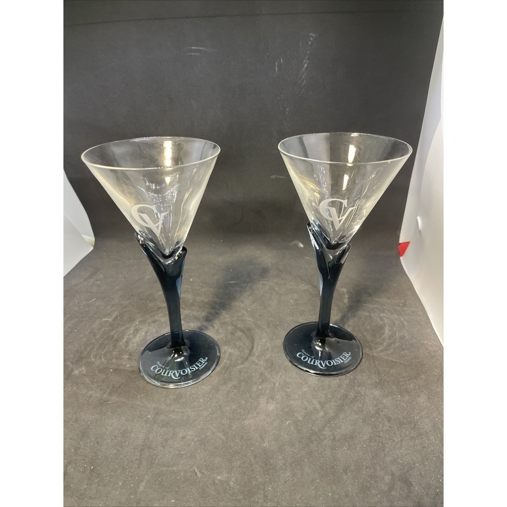Pair of Courvoisier Cognac CV Blue Stem Cocktail Martini Brandy Snifter Glasses